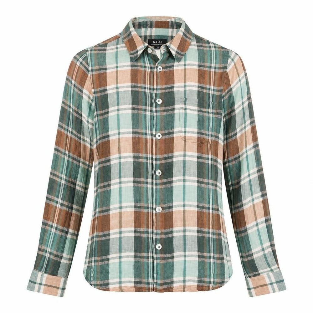 A.P.C. Shirt Women S Green‎ Brown Plaid Linen L/S Casual Coastal Beach Luxury